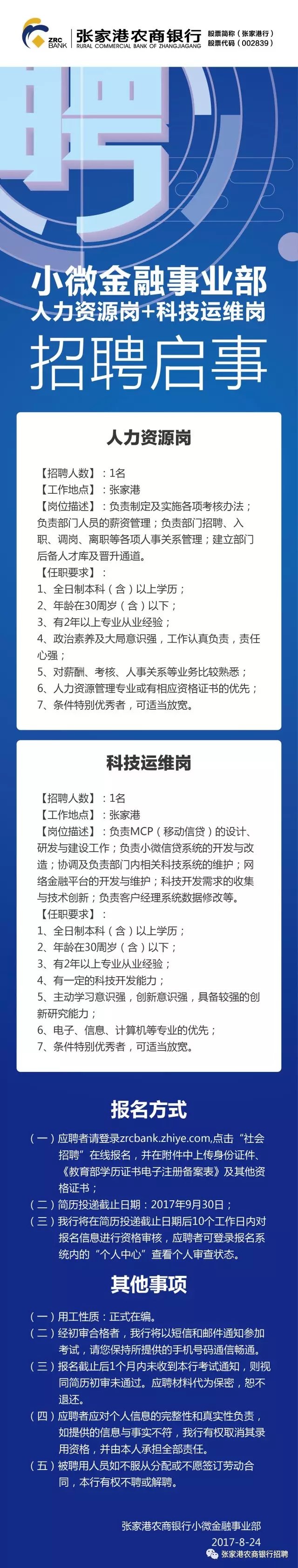 2017年张家港农商行小微金融事业部招聘公告