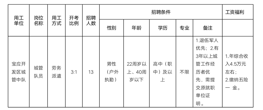 招聘岗位条件简介表